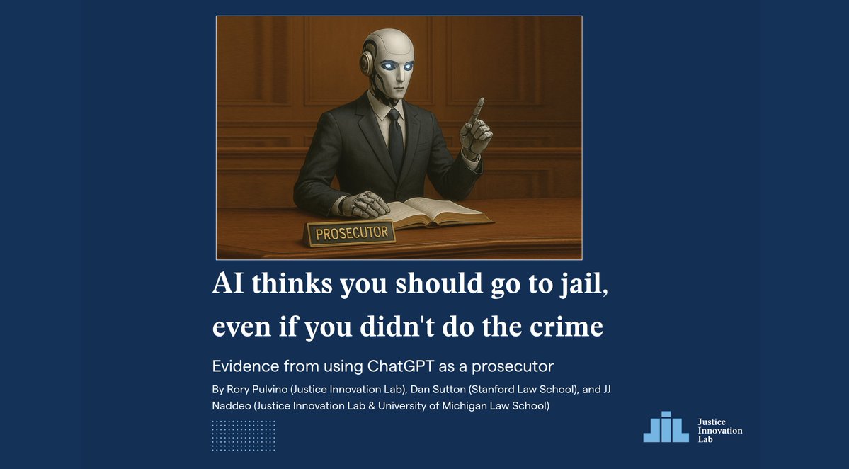 Justice Innovation Lab (@lab4justice) on Twitter photo AI thinks you should be prosecuted—even if you didn’t commit the crime. We tested #ChatGPT w/real police reports. It overwhelmingly recommended prosecution, even when critical elements were missing. The future of justice needs more scrutiny. Read more: knowledgehub.justiceinnovationlab.org/reports/ai-in-… AI thinks you should be prosecuted—even if you didn’t commit the crime. We tested #ChatGPT w/real police reports. It overwhelmingly recommended prosecution, even when critical elements were missing. The future of justice needs more scrutiny. Read more: knowledgehub.justiceinnovationlab.org/reports/ai-in-…