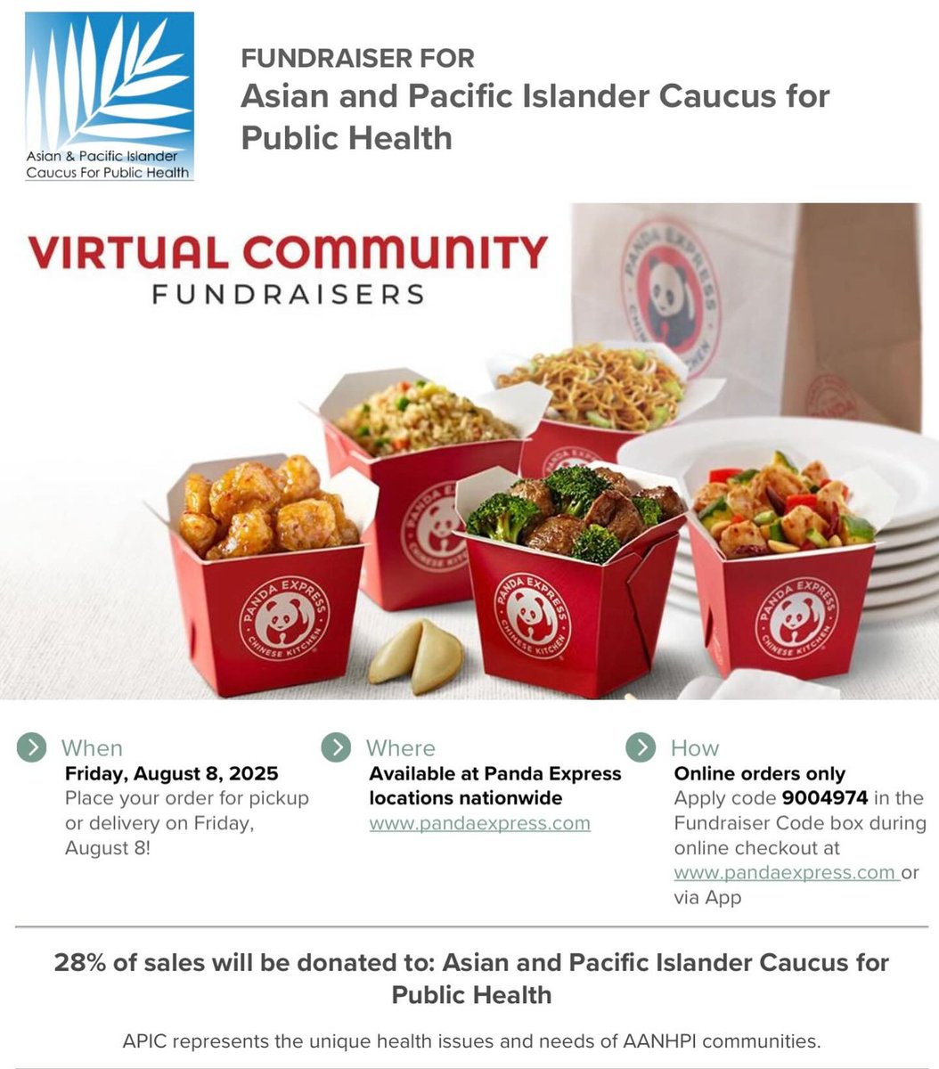 Mark your calendars! Support the Asian and Pacific Islander Caucus for Public Health (APIC) this Friday, August 8, 2025 by ordering from Panda Express! 🐼💛

Use code 9004974 at checkout and 28% goes to advancing AANHPI health equity! 🍱
 Link in bio for details.