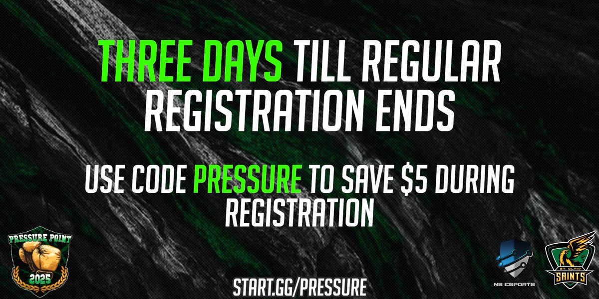 Only 3 Days Left!⏳
Regular registration for Pressure Point 2025 is ending soon!
Use code PRESSURE at checkout to save $5 🤑
Lock in your spot now 👉 start.gg/pressure