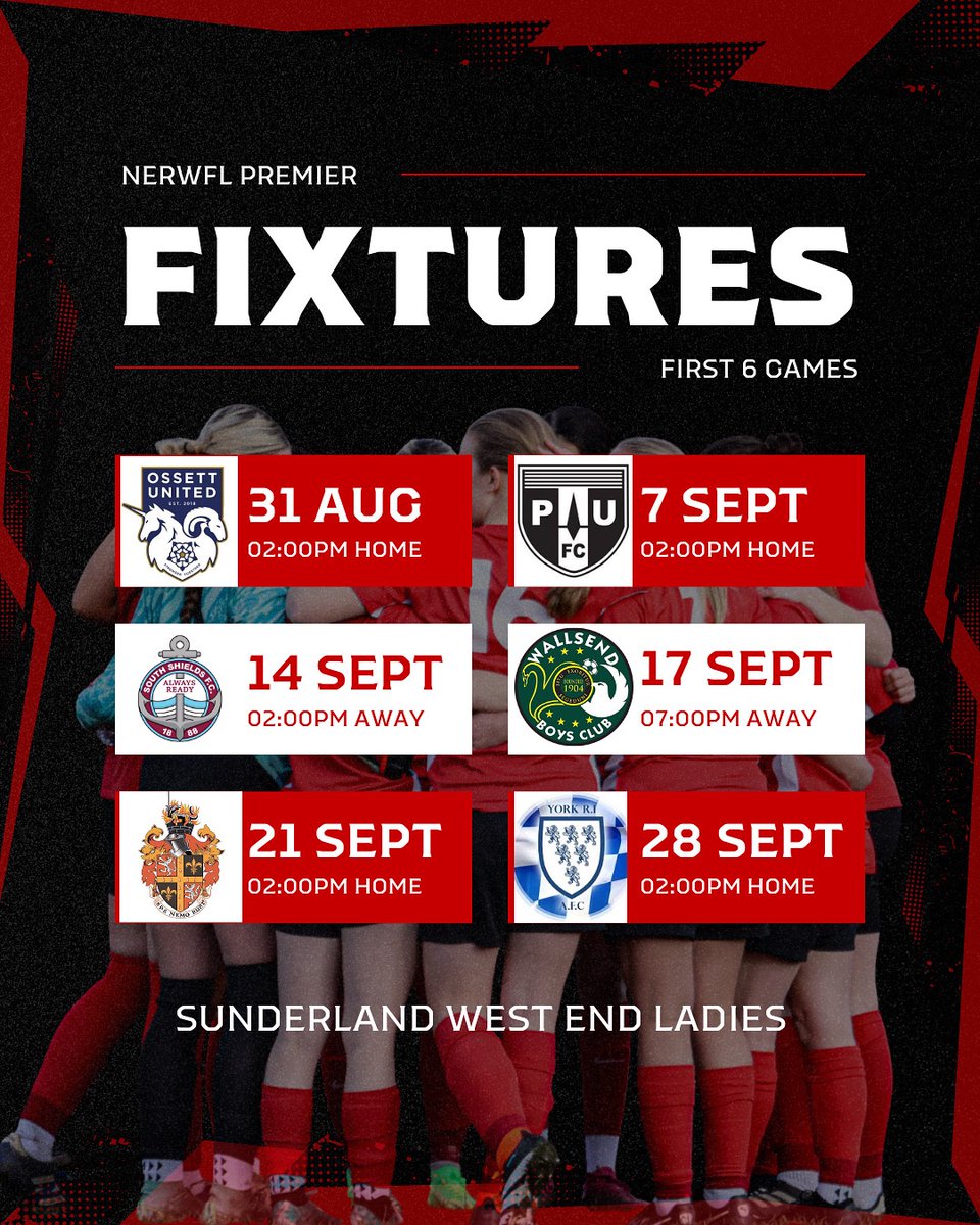 Sunderland West End Ladies FC (@westend_ladies) on Twitter photo ๐ฃ ๐๐ก๐ ๐๐๐ข๐ญ ๐ข๐ฌ ๐๐ฏ๐๐ซ!
Our ๐๐ข๐ซ๐ฌ๐ญ ๐ ๐๐ข๐ฑ๐ญ๐ฎ๐ซ๐๐ฌ for the new season! ๐ฅโฝ๏ธ
Time to mark your calendars and get ready to back the lasses!
๐
Our Opening Fixtures โฝ๏ธ
๐ Every match counts โ letโs start strong and build momentum early.
๐ฌ Whoโs excited? ๐ฃ ๐๐ก๐ ๐๐๐ข๐ญ ๐ข๐ฌ ๐๐ฏ๐๐ซ!
Our ๐๐ข๐ซ๐ฌ๐ญ ๐ ๐๐ข๐ฑ๐ญ๐ฎ๐ซ๐๐ฌ for the new season! ๐ฅโฝ๏ธ
Time to mark your calendars and get ready to back the lasses!
๐
Our Opening Fixtures โฝ๏ธ
๐ Every match counts โ letโs start strong and build momentum early.
๐ฌ Whoโs excited?