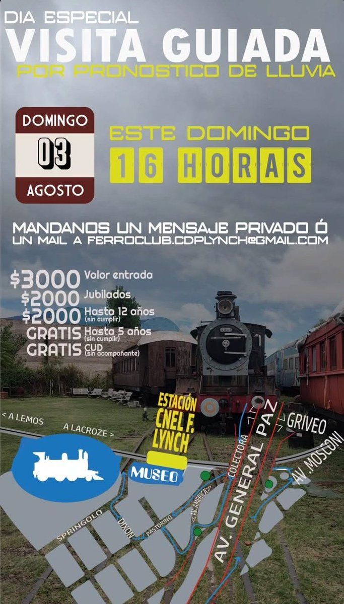 Gertino (@ggertino) on Twitter photo 2da oportunidad para visitar un domingo el Ferroclub!
Reservá en ferroclub.lynch (Instagram) o mandando un correo a ferroclub.cdplynch@gmail.com para poder recorrer toda la historia del Ferrocarril Urquiza con un guía y visitar distintos trenes históricos.
(No se realizan paseos) 2da oportunidad para visitar un domingo el Ferroclub!
Reservá en ferroclub.lynch (Instagram) o mandando un correo a ferroclub.cdplynch@gmail.com para poder recorrer toda la historia del Ferrocarril Urquiza con un guía y visitar distintos trenes históricos.
(No se realizan paseos)