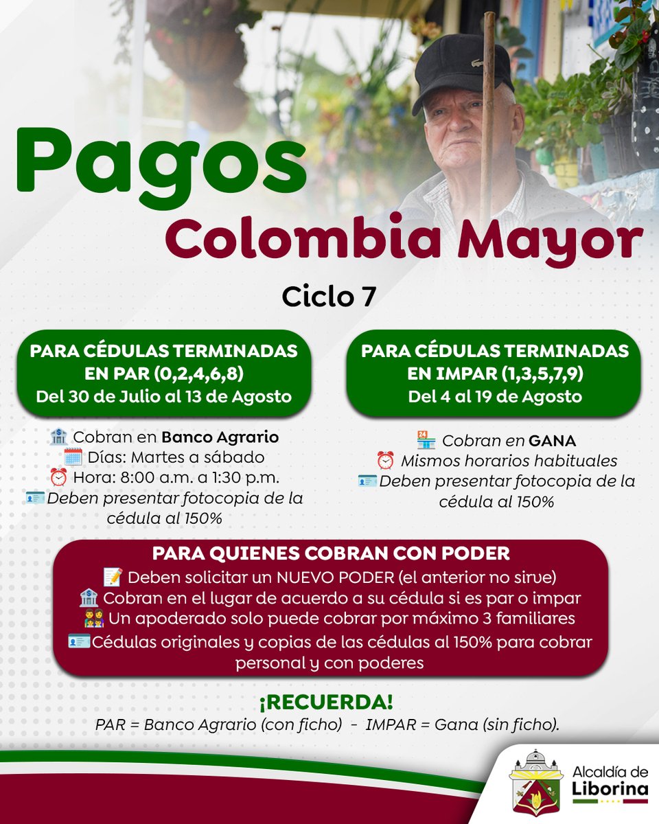 ¡Atención beneficiarios de Colombia Mayor! 
Inicia el Ciclo 7 de pagos en nuestro municipio.
 Cédulas terminadas en PAR (0,2,4,6,8): cobran en Banco Agrario del 30 de julio al 13 de agosto
Cédulas terminadas en IMPAR (1,3,5,7,9): cobran en GANA del 4 al 19 de agosto