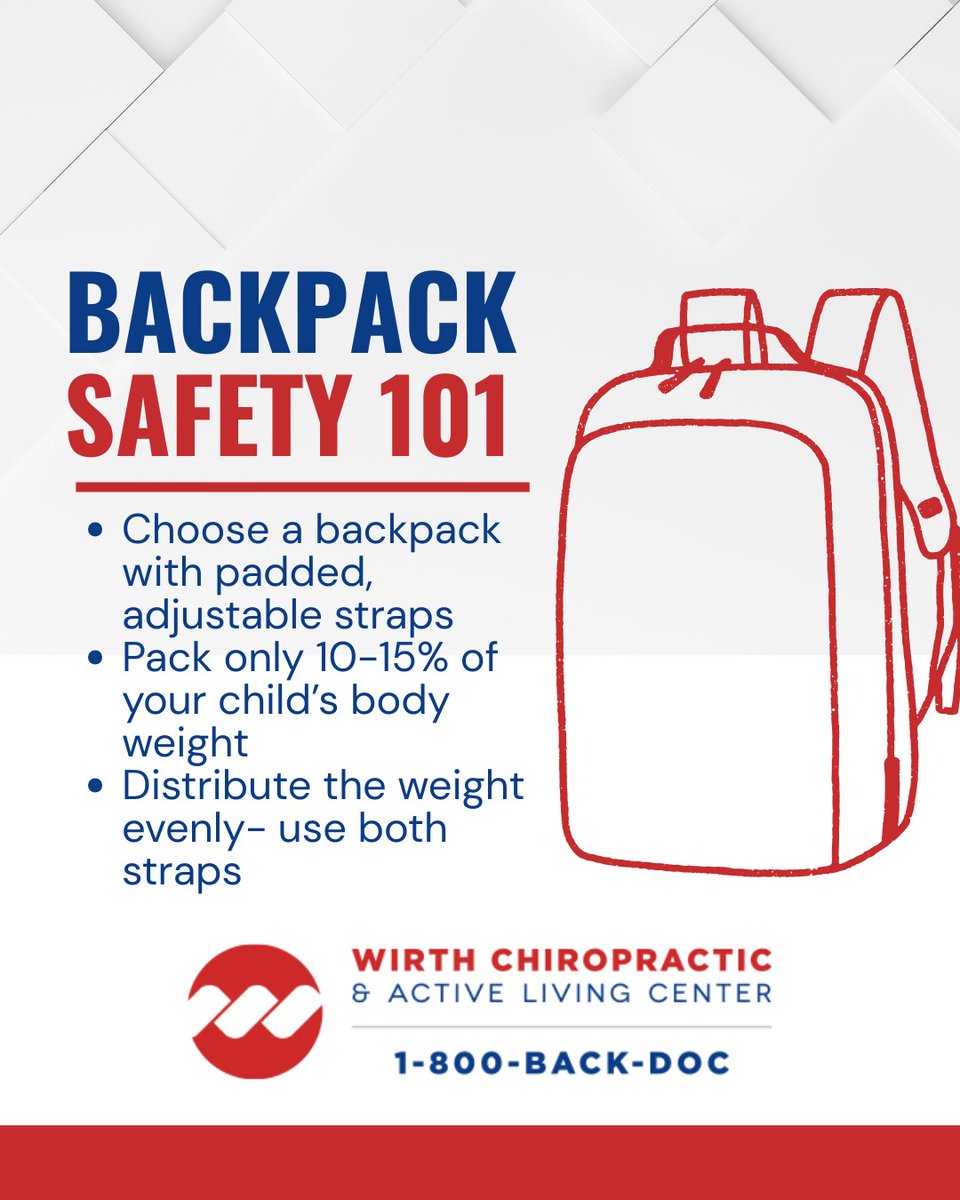 chirowirth's tweet photo. 🎒 Start the school year with spine-smart tips:
✅ Padded, adjustable straps
✅ No more than 10–15% of body weight
✅ Use both straps evenly

📞 1-800-BACK-DOC
#BackpackSafety #BackToSchool #WirthChiropractic https://t.co/b7GFoD5ogp