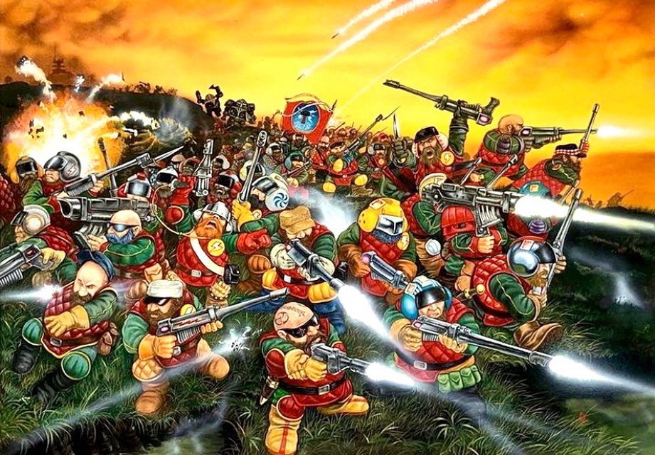 Squats! By the main man Dave Gallagher. Does anyone remember the name of this particular guild? I thought  they were the cover art from the first plastic boxed set. A set I never had!
.
#oldhammer #art #warhammercommunity #warhammer #warhammer40k #40k