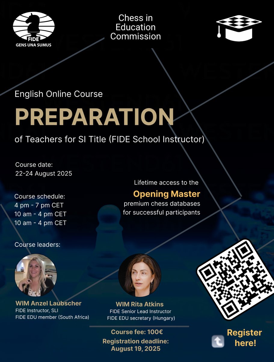 FIDE Chess in Education (@fideschoolchess) on Twitter photo ๐
๐๐๐ ๐๐๐ "๐๐ซ๐๐ฉ๐๐ซ๐๐ญ๐ข๐จ๐ง ๐จ๐ ๐๐๐๐๐ก๐๐ซ๐ฌ ๐๐จ๐ฎ๐ซ๐ฌ๐" - ๐ง๐๐ฐ ๐๐๐ญ๐๐ฌ ๐๐ง๐ง๐จ๐ฎ๐ง๐๐๐: ๐๐-๐๐ ๐๐ฎ๐ ๐ฎ๐ฌ๐ญ ๐๐๐๐
๐ญ๐ฐ๐ซ๐ฌ ๐๐๐๐๐ ๐๐ ๐บ๐๐๐๐๐ ๐ฐ๐๐๐๐๐๐๐๐๐
Registration form: cloud.fide.com/s/kBpkMnW4Xydtโฆ ๐
๐๐๐ ๐๐๐ "๐๐ซ๐๐ฉ๐๐ซ๐๐ญ๐ข๐จ๐ง ๐จ๐ ๐๐๐๐๐ก๐๐ซ๐ฌ ๐๐จ๐ฎ๐ซ๐ฌ๐" - ๐ง๐๐ฐ ๐๐๐ญ๐๐ฌ ๐๐ง๐ง๐จ๐ฎ๐ง๐๐๐: ๐๐-๐๐ ๐๐ฎ๐ ๐ฎ๐ฌ๐ญ ๐๐๐๐
๐ญ๐ฐ๐ซ๐ฌ ๐๐๐๐๐ ๐๐ ๐บ๐๐๐๐๐ ๐ฐ๐๐๐๐๐๐๐๐๐
Registration form: cloud.fide.com/s/kBpkMnW4Xydtโฆ