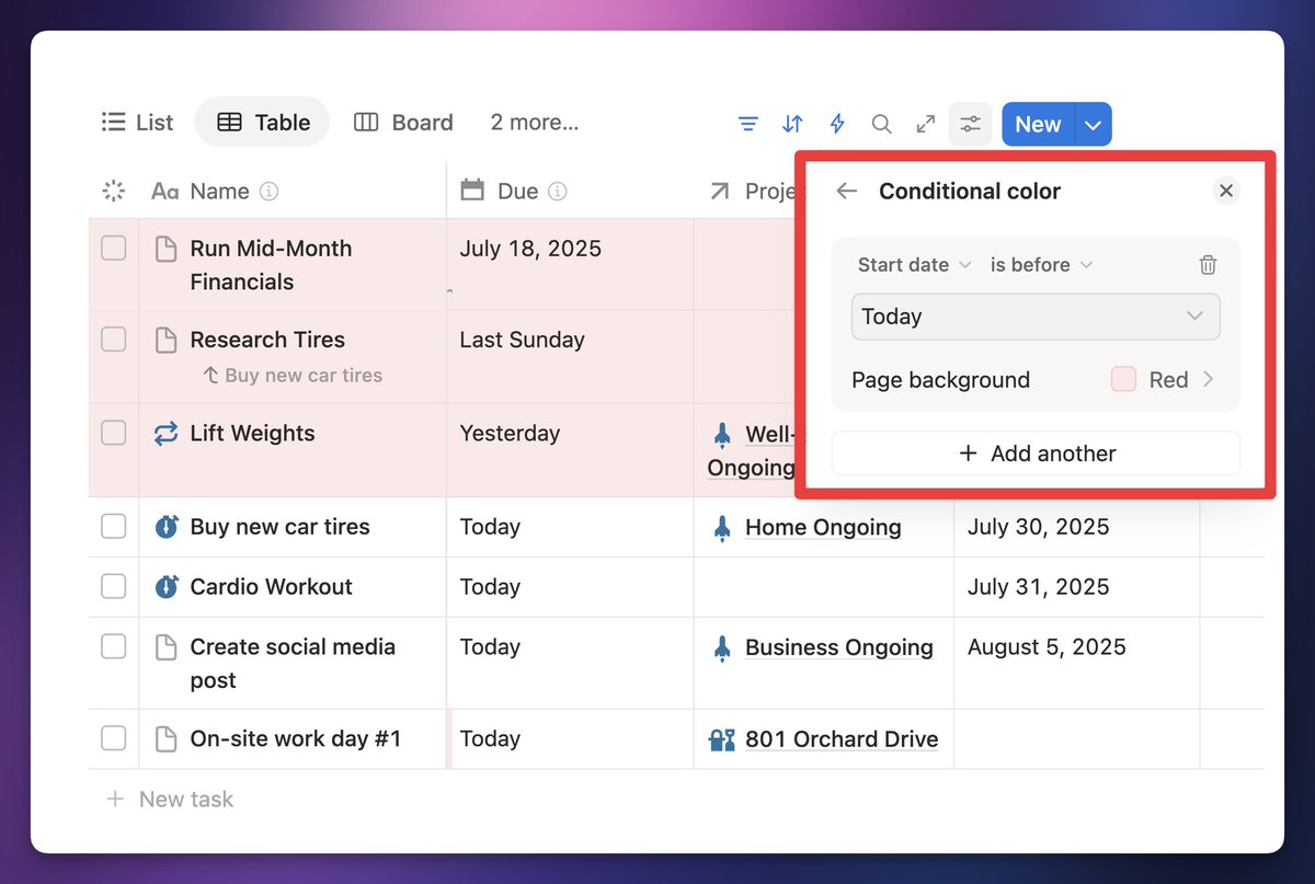 All my fellow spreadsheet nerds will be happy about this one – <a href="/NotionHQ/">Notion</a> just added conditional colors to databases!

Now you can make the crushing guilt from all your overdue tasks even more obvious.

Works in all database layout types other than forms and charts.