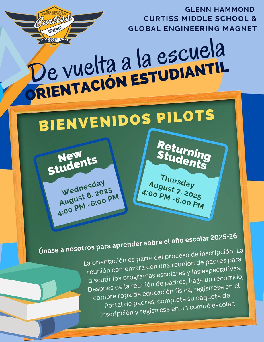 New Students - August 5, 2025, 4:00 PM - 6:00 PM
Returning Students - August 6, 2025, 4:00 PM - 6:00 pm edl.io/n2089729