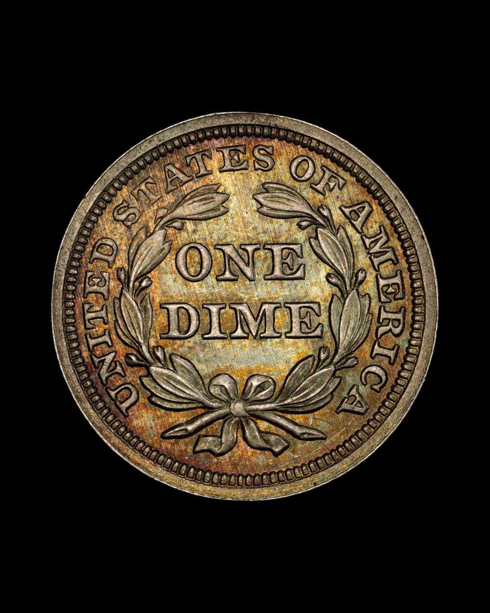 The 1858 Liberty Seated Dime isn’t usually considered rare – but with vivid golden and blue toning paired with a rare grade (PCGS MS66) for its type, this piece is a gorgeous standout.