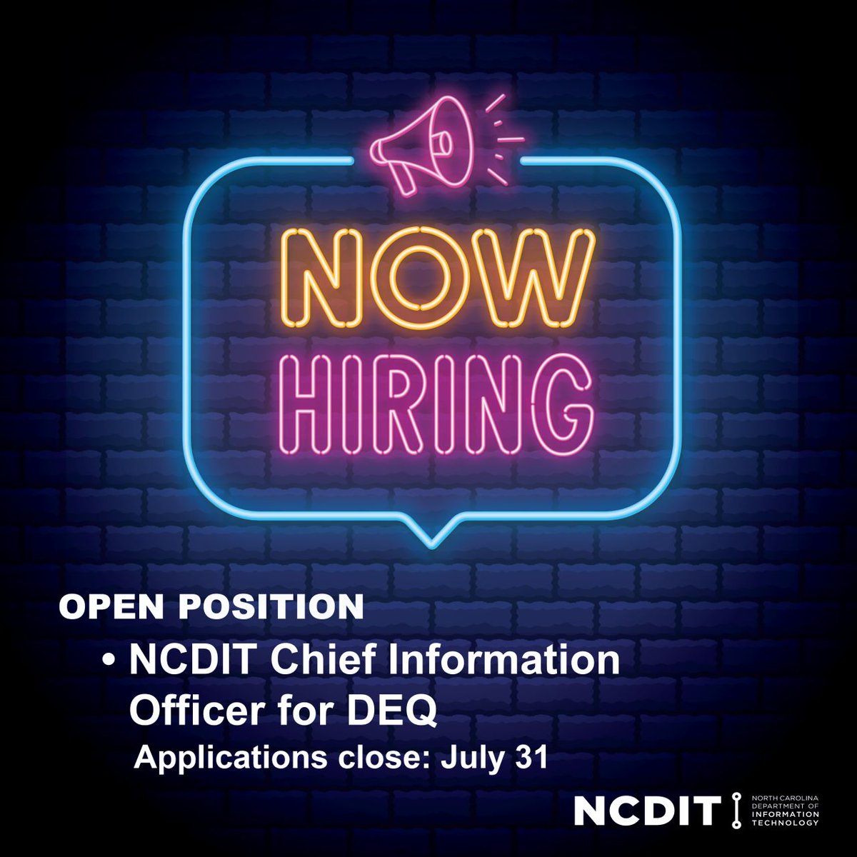 NCDIT (@ncdit) on Twitter photo APPLICATION DEADLINE APPROACHING! We are seeking a dynamic and strategic NCDIT Chief Information Officer for <a href="/NCDEQ/">N.C. DEQ</a>. This role will provide strategic leadership and direction for all IT services within DEQ and assigned areas of NCDIT.
Apply by July 31: governmentjobs.com/careers/northc… APPLICATION DEADLINE APPROACHING! We are seeking a dynamic and strategic NCDIT Chief Information Officer for <a href="/NCDEQ/">N.C. DEQ</a>. This role will provide strategic leadership and direction for all IT services within DEQ and assigned areas of NCDIT.
Apply by July 31: governmentjobs.com/careers/northc…