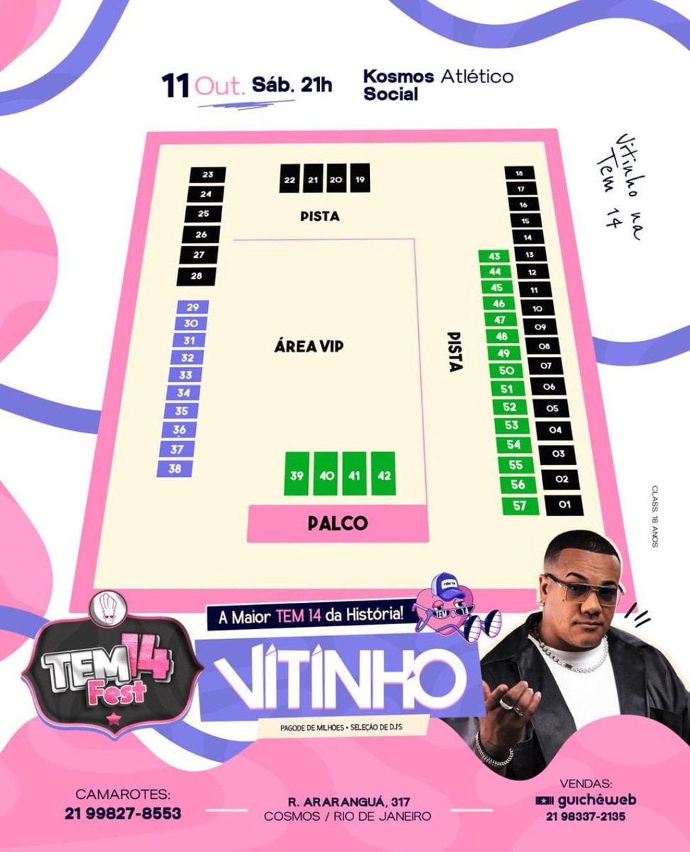 🎤 CANTOR VITINHO AO VIVO!
Um show completo pra quem ama o melhor do pagode na Tem14 Fest.
#tem14fest
P Kosmos Atlético Social - Rua Araranguá, 317 — Cosmos
11 de Outubro (sábado)
© A partir das 21h
- Camarotes &amp; infos: (21) 99827-8553 - (21) 970142076