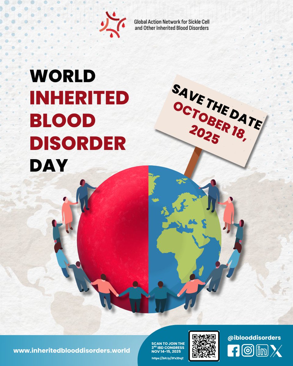 Mark your calendar: OCTOBER 18 is WORLD INHERITED BLOOD DISORDER DAY
🌍 Be part of the movement! Register for the 3rd International Congress on Sickle Cell and Other Inherited Blood Disorders happening virtually this November 14-15, 2025. Scan the QR code to secure your spots!