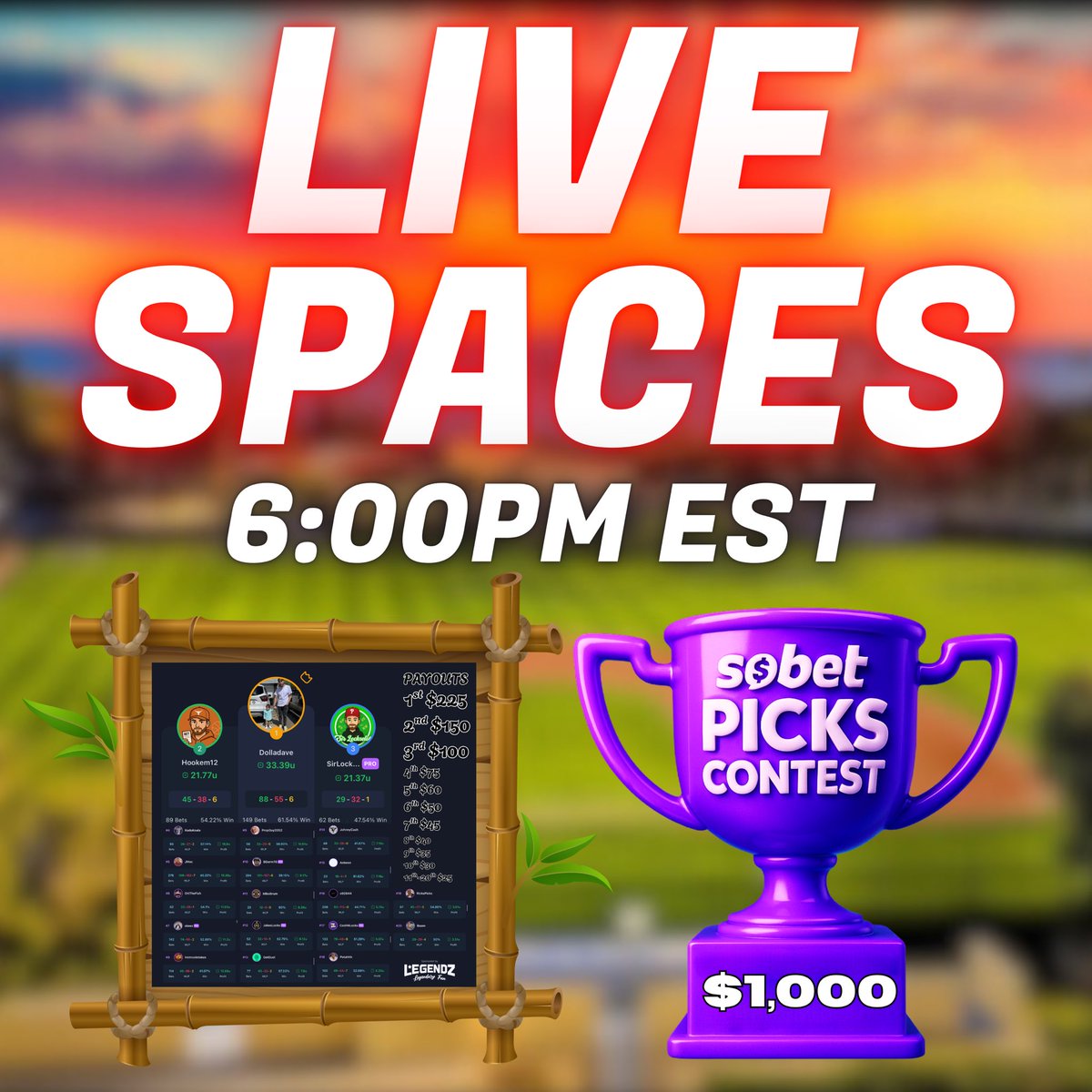 SoBet (@sobet_app) on Twitter photo ‼️LIVE AT 6:00pm EST‼️
🚨Contest concluded today! Please join and talk about your contest strategy and thoughts ✊
🗣️LEADERBOARD FROM CONTEST 👍
<a href="/Dolladave856/">Dolladave</a> $225
<a href="/hookem12/">Garrett Wilson </a> $150
<a href="/lockselot/">Sir Lockselot 🔑</a> $100
@kudukoala $75
<a href="/breakfastfiles/">JMac</a> $60
@ottthefish $50
<a href="/skeezmusic/">Skeez</a> $45 ‼️LIVE AT 6:00pm EST‼️
🚨Contest concluded today! Please join and talk about your contest strategy and thoughts ✊
🗣️LEADERBOARD FROM CONTEST 👍
<a href="/Dolladave856/">Dolladave</a> $225
<a href="/hookem12/">Garrett Wilson </a> $150
<a href="/lockselot/">Sir Lockselot 🔑</a> $100
@kudukoala $75
<a href="/breakfastfiles/">JMac</a> $60
@ottthefish $50
<a href="/skeezmusic/">Skeez</a> $45