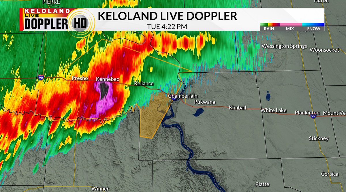 Severe t'storm warning for Lyman County until 5 pm CDT/4 pm MDT Tuesday. This includes I-90 between Chamberlain and Presho. This line of storms is moving southeast at 20 mph.