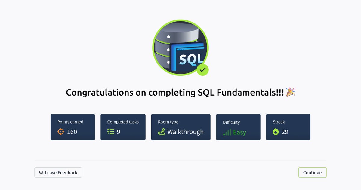 emeraald's tweet image. Day 29 of #100DaysOfCybersecurity
Completed SQL Fundamentals on @RealTryHackMe 
Learned CRUD ops, clauses, and operators. Practiced on the attached machine clean hands-on experience.
@ireteeh @segoslavia @comp_guyy 
#tryhackme  #sqlinjection  #CybersecurityTraining  #BlueTeam