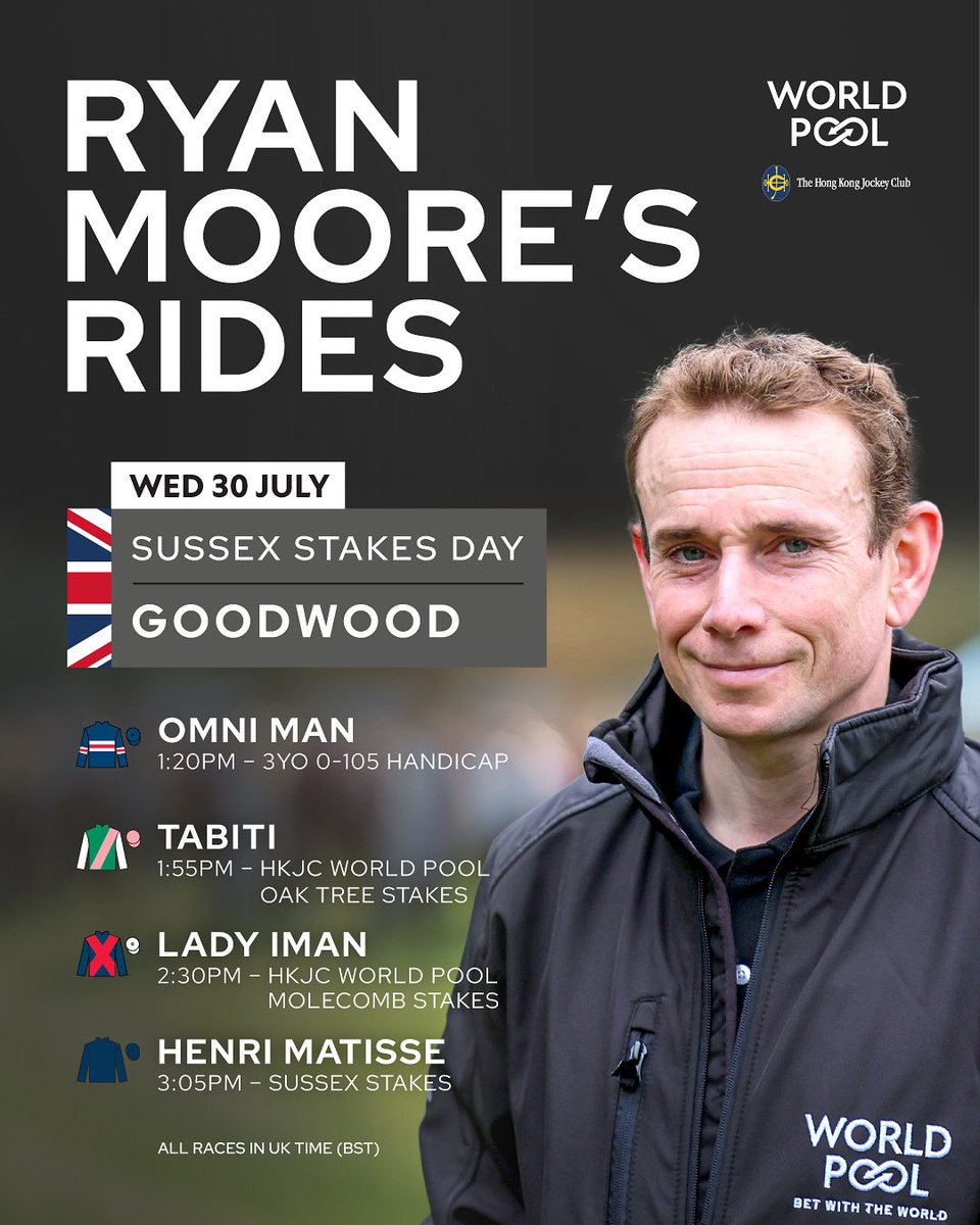 Ryan Moore’s rides for Sussex Stakes Day! 

#WorldPool | <a href="/Goodwood_Races/">Goodwood Racecourse</a>