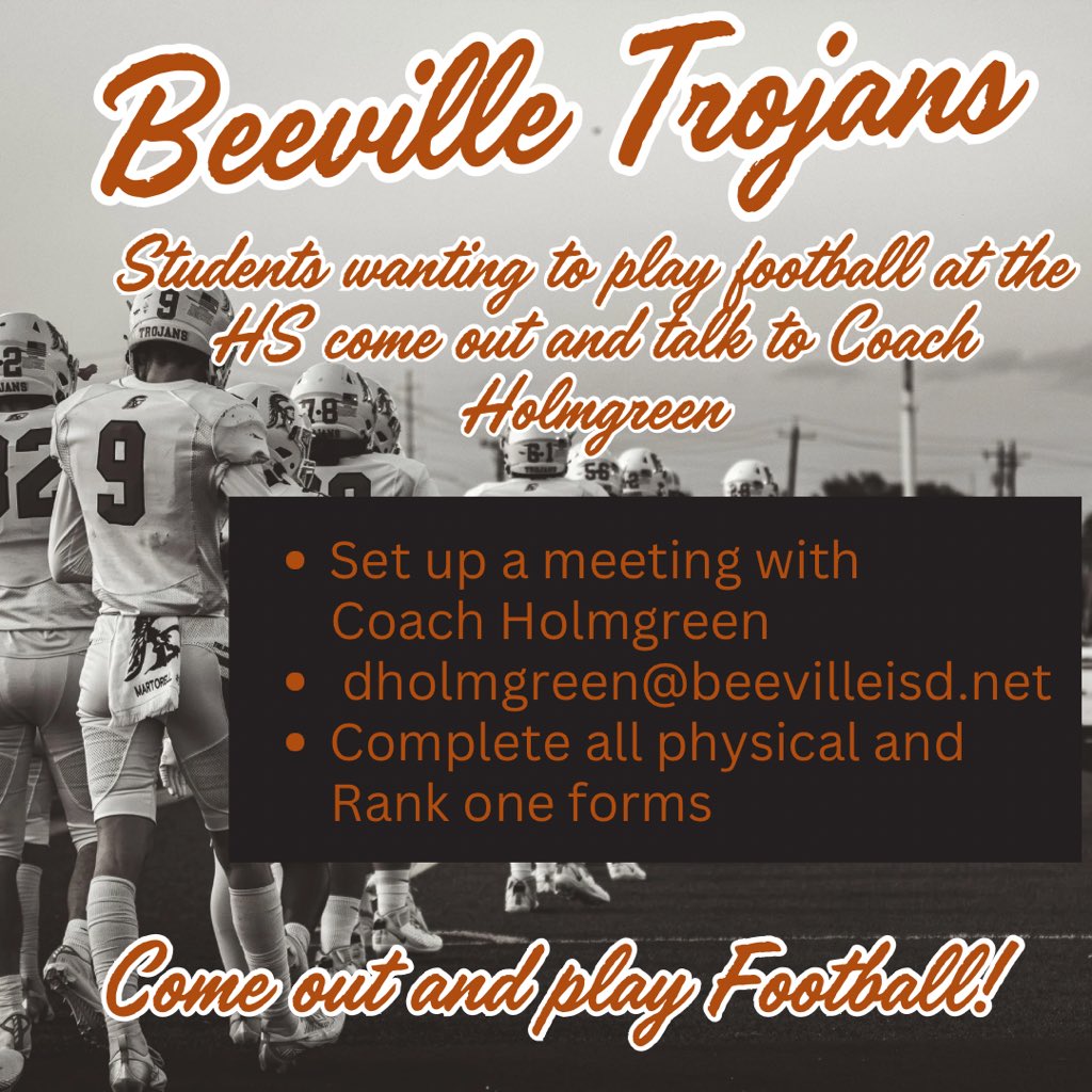 🏈TROJAN FOOTBALL🏈 

Any students wanting to play football this year please come out and talk to Coach Holmgreen. 

Go Trojans!