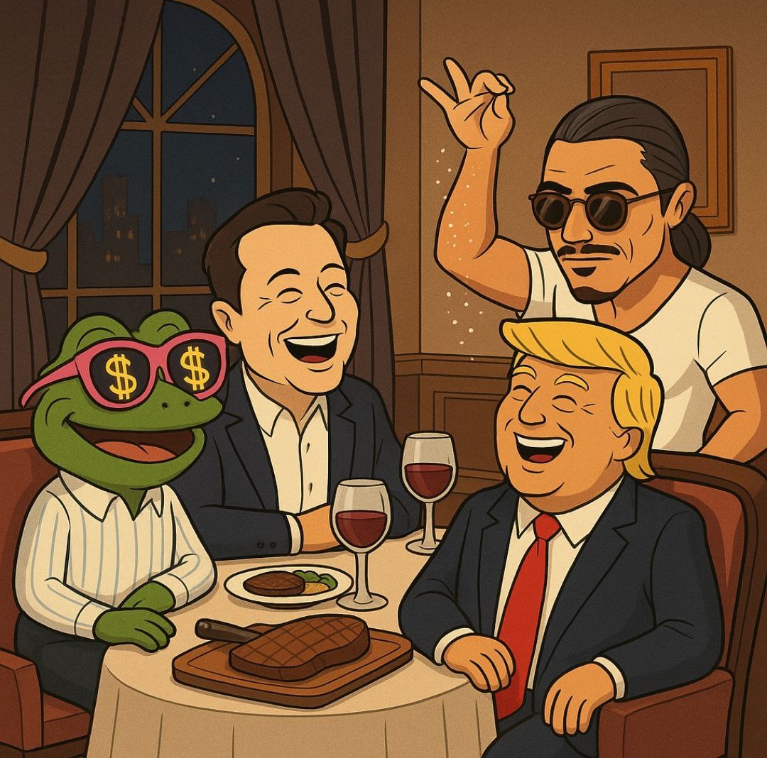 Alix 🐸$WEPE Chad🐸❤️ (@jojolandia06) on Twitter photo Look who $WEPE is dining with! 🐸🚀🥂
When legends get together, amazing things happen. The future is being cooked (and seasoned 😉) at this table.
<a href="/realDonaldTrump/">Donald J. Trump</a> <a href="/elonmusk/">Elon Musk</a> <a href="/nusr_et/">@nusr_et#Saltbae</a> Get ready for what's coming!
#WEPE #PowerDinner #CryptoTitans #ElonMusk #Trump #SaltBae Look who $WEPE is dining with! 🐸🚀🥂
When legends get together, amazing things happen. The future is being cooked (and seasoned 😉) at this table.
<a href="/realDonaldTrump/">Donald J. Trump</a> <a href="/elonmusk/">Elon Musk</a> <a href="/nusr_et/">@nusr_et#Saltbae</a> Get ready for what's coming!
#WEPE #PowerDinner #CryptoTitans #ElonMusk #Trump #SaltBae