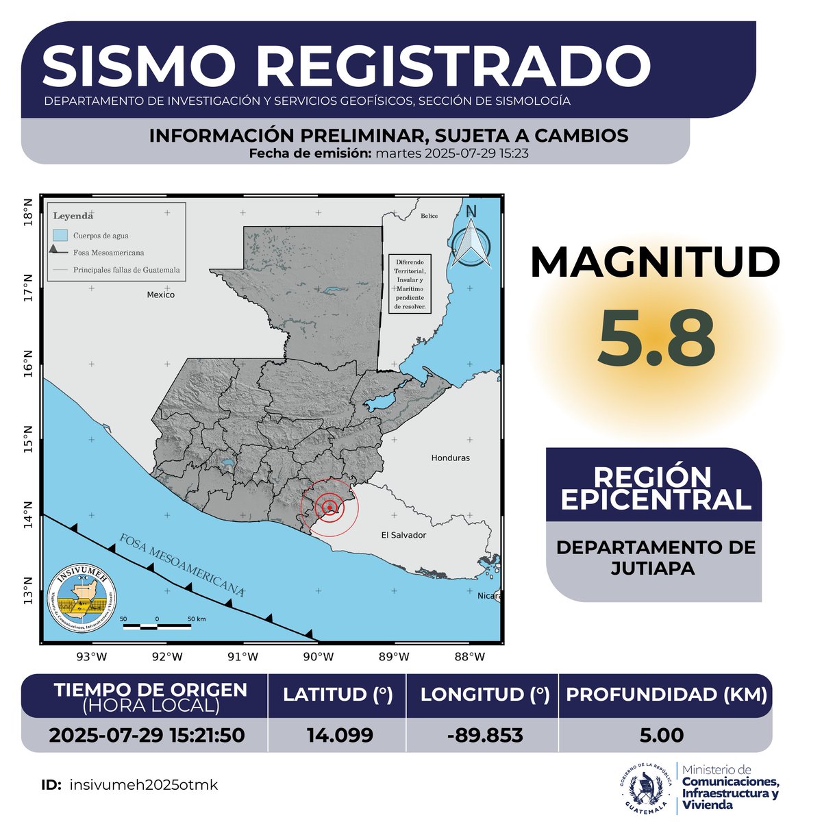 SISMO REGISTRADO  Región epicentral:  DEPARTAMENTO DE JUTIAPA  29 de julio de 2025. 15:21:50 hrs.   Descarga el boletin geo.insivumeh.gob.gt/BOLETIN/HISTOR… 

#SomosINSIVUMEH #ElPuebloDignoEsPrimero #CIV #TemblorGT #SismoGT