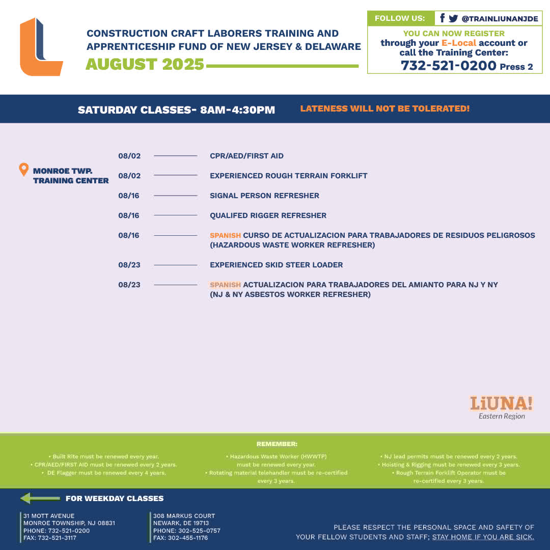 Train LIUNA NJ DE (@trainliunanjde) on Twitter photo #ICYMI: <a href="/trainliunanjde/">Train LIUNA NJ DE</a> published their August 2025 class schedules.
If you need new #Training or a refresher YOU MUST PRE-REGISTER! Call 732-521-0200 (NJ) or 302-525-0757 (DE).
You can also visit elocal-liuna.org/login to register for classes. #ICYMI: <a href="/trainliunanjde/">Train LIUNA NJ DE</a> published their August 2025 class schedules.
If you need new #Training or a refresher YOU MUST PRE-REGISTER! Call 732-521-0200 (NJ) or 302-525-0757 (DE).
You can also visit elocal-liuna.org/login to register for classes.