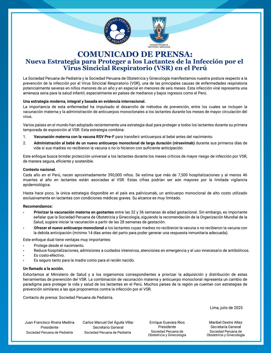 Comunicado de Prensa - Julio 2025
Nueva Estrategia para Proteger a los Lactantes de la Infección por el Virus Sincicial Respiratorio (VSR) en el Perú
#Comunicado #SPP #SPOG