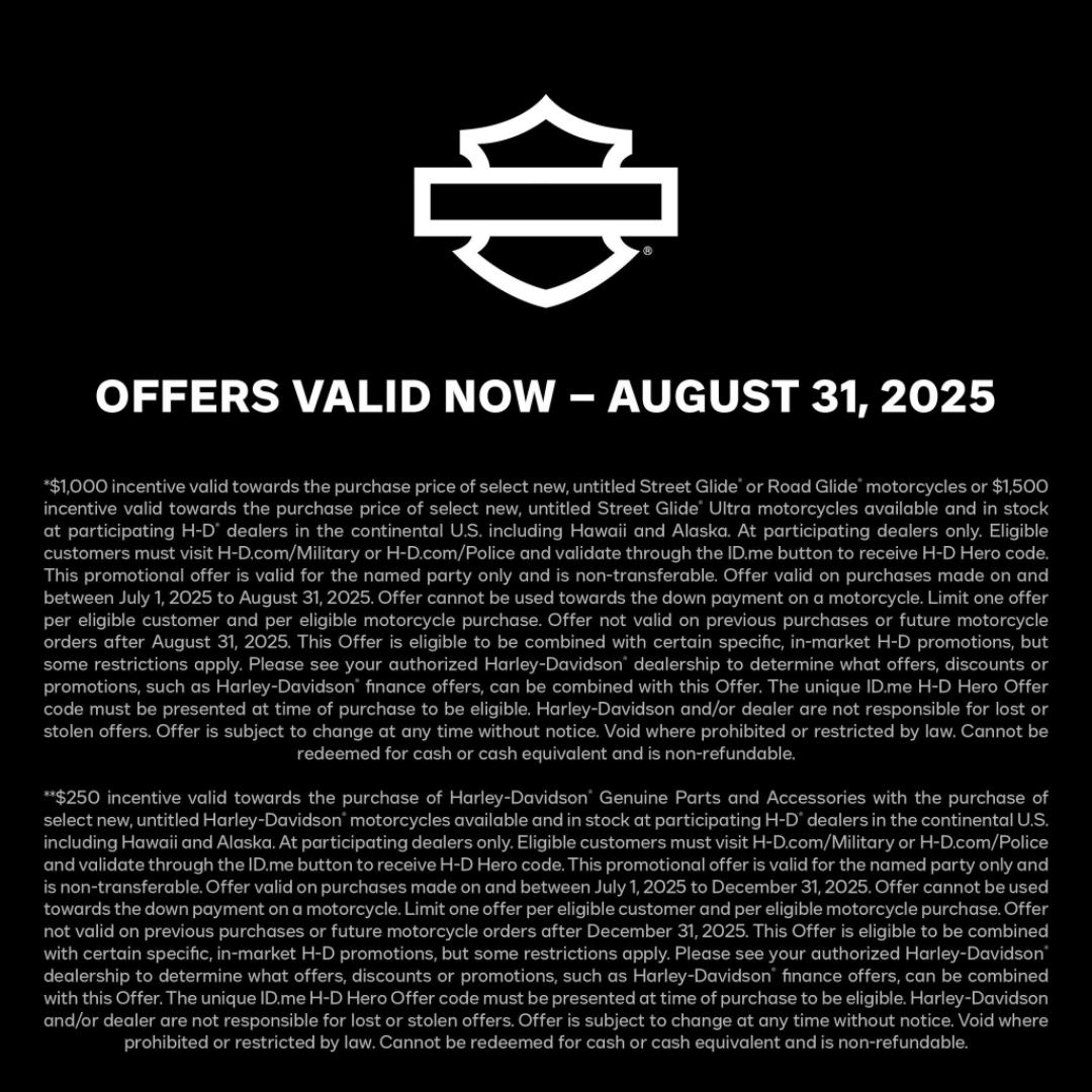 GreenMountRdHD's tweet photo. U.S. Military, Veterans and First Responders enjoy up to $1,500* Customer Cash on select new Harley-Davidson models or a $250 Genuine H-D P&amp;A Credit. Offer ends August 31st

Learn more here: https://t.co/vinfl77xSZ https://t.co/GjTFxc1jxF