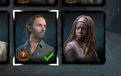 Motsonian's tweet image. I think Michonne is annoyed that I spent all of the points on Rick #twd #deadbydaylight