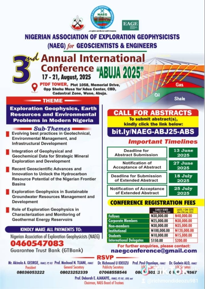 Plan to attend this Annual international conference of the Nigerian Association of Exploration Geophysics for Geoscientist and Engineers NAEG holding I'm Abuja FCT in Abuja