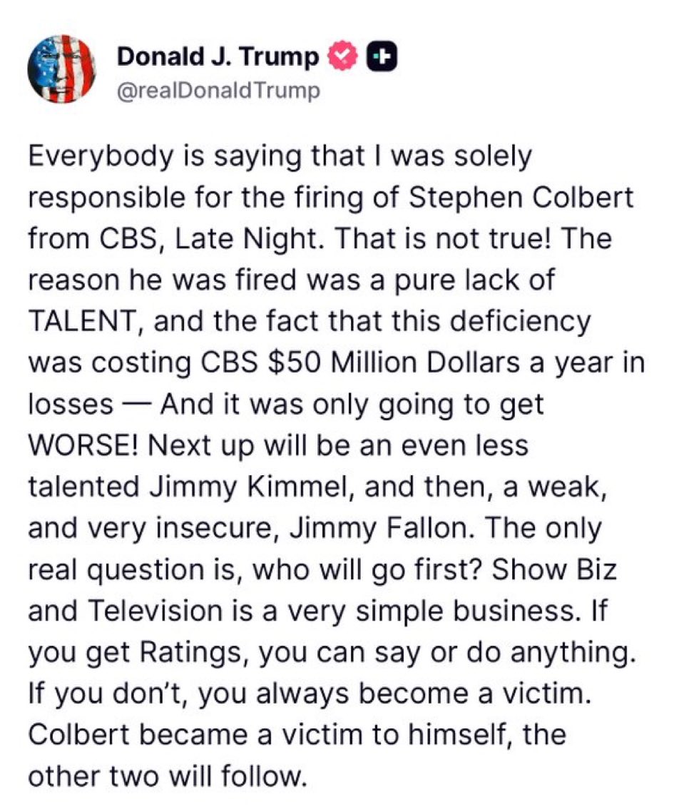 Trump is going off on AF1 😂 

"... pure lack of TALENT Stephen Colbert..."

"... even less talented Jimmy Kimmel..."

"... weak and very insecure Jimmy Fallon... "

💀