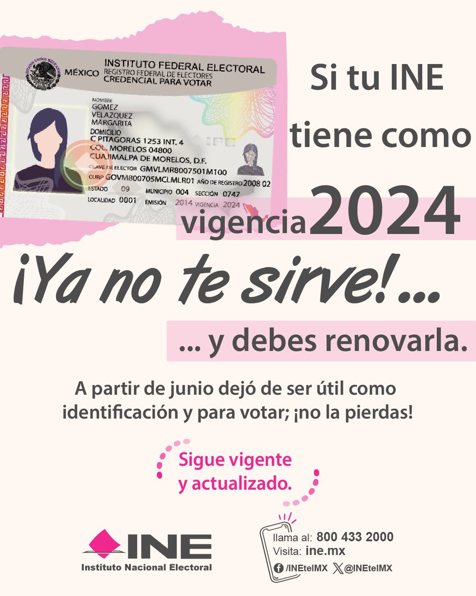 #AvisoImportante si tu #CredencialParaVotar 🪪ya no es vigente ¡renuévala!