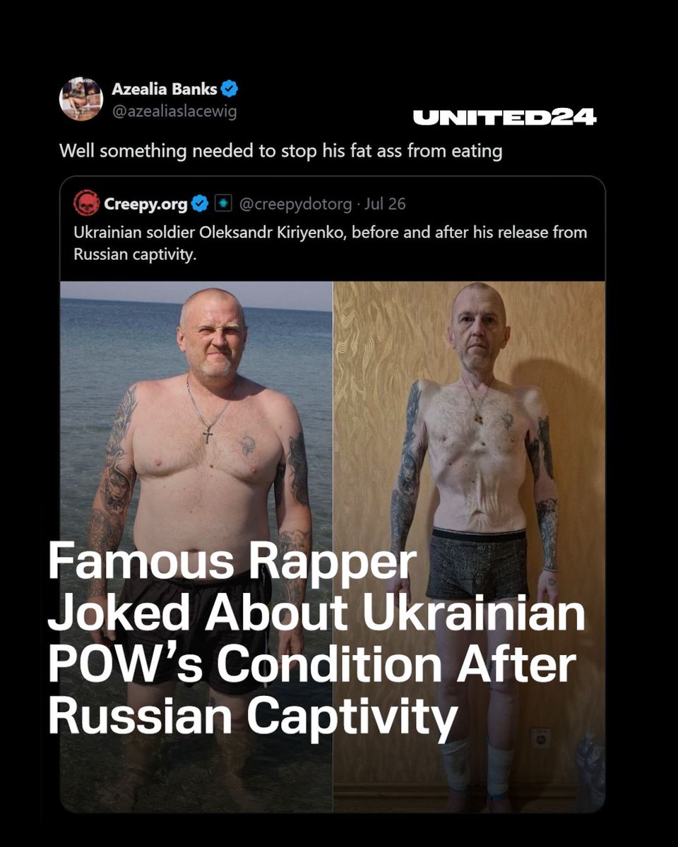 UNITED24 Media (@united24media) on Twitter photo Infamous rapper <a href="/azealiaslacewig/">Azealia Banks</a> mocked a tortured Ukrainian POW’s weight.
You think that’s okay?
🧵1/10 Infamous rapper <a href="/azealiaslacewig/">Azealia Banks</a> mocked a tortured Ukrainian POW’s weight.
You think that’s okay?
🧵1/10