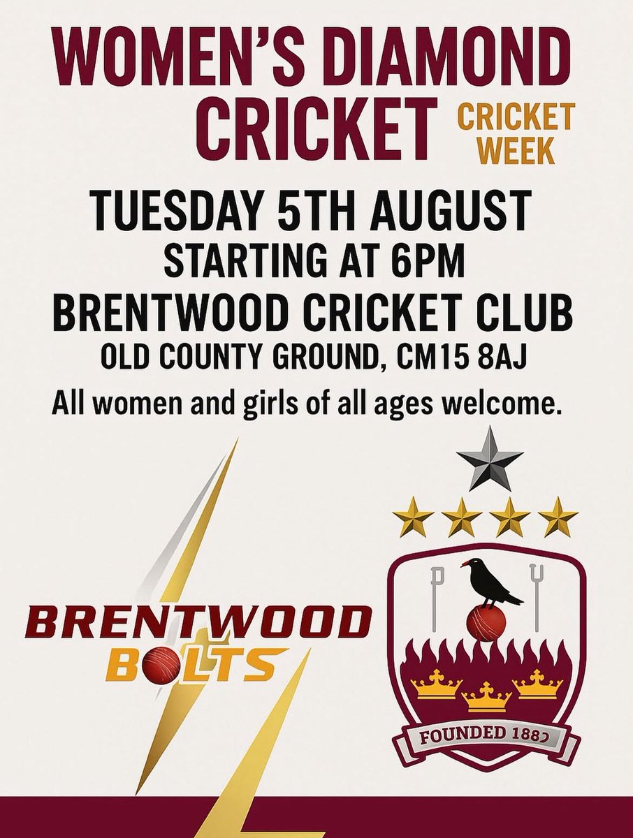 Time to celebrate women and girls in cricket as part of Brentwood Cricket Club’s Cricket Week. 

On Tuesday 5th August, the club will host a night of fun, fast-paced action at Women’s Diamond Cricket! 💎🏏

No experience needed – just bring your energy!  The bar will be open too!