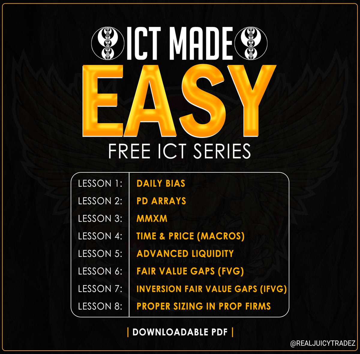 RealJuicyTradez's tweet image. I struggled for YEARS learning ICT, so I built what I wish I had:

 ICT MADE EASY – a FREE PDF course. Dropping next Friday.

🚨 First 100 people to LIKE, RETWEET &amp;amp; comment “TRIL” get early access.

Join the free squad now:
 discord.gg/Q8B7BHBnJB
#TRIL #ICT #DayTrading