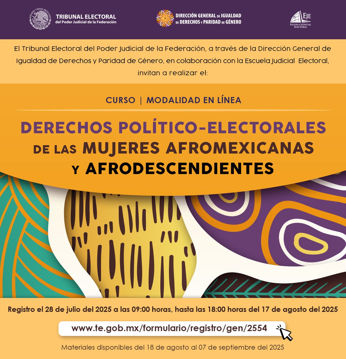 🔔¡Abrimos registro!

👩‍💻👨‍💻Te invitamos a participar en el “Curso: Derechos político-electorales de las mujeres afromexicanas y afrodescendientes”, modalidad en línea.

✍️Inscríbete a través del siguiente enlace: te.gob.mx/formulario/reg…