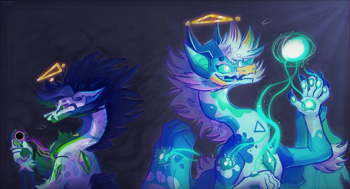 "The creation and destruction" lil piece I did between artfight for these two sillies after writing their lore lmao (I drew rhis 21 days ago oops)

#dragon #dragonart #art