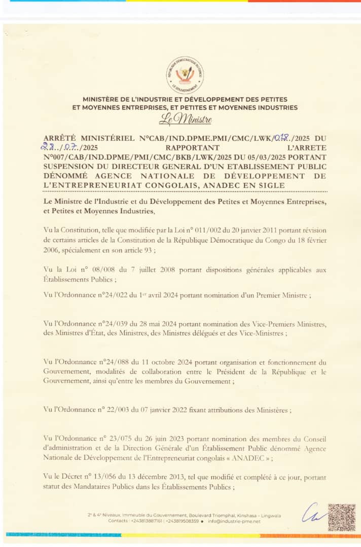 RandyKalay8's tweet photo. Le Directeur Général de l'Agence nationale de Développement de l'Entrepreneuriat Congolais, le Prof Godefroy Kizaba réhabilité  après une suspension de 5 mois. @7sur7_cd @TopCongo @rtncofficielle1 https://t.co/AJ9pM2TYGF