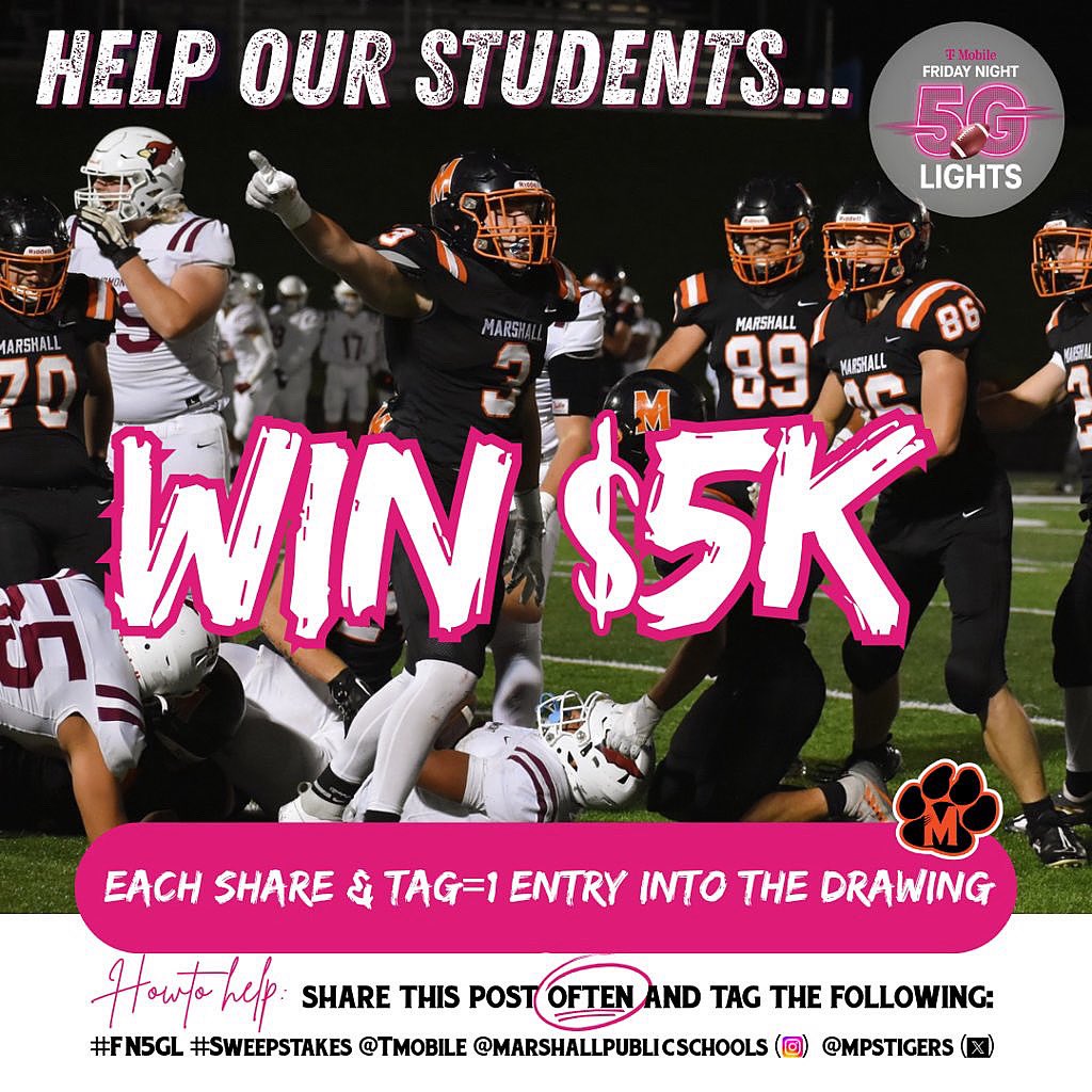 Marshall Schools (@mpstigers) on Twitter photo ๐ Weโre on the hunt for the $5,000 prize in the T-Mobile Friday Night Lights Sweepstakes, and we need YOUR help to bring it home to Marshall Public Schools!
๐ The drawing starts August 1st, so letโs share!
๐ฒ SHARE this post and tag #FN5GL #Sweepstakes <a href="/TMobile/">T-Mobile</a> <a href="/mpstigers/">Marshall Schools</a> ๐ Weโre on the hunt for the $5,000 prize in the T-Mobile Friday Night Lights Sweepstakes, and we need YOUR help to bring it home to Marshall Public Schools!
๐ The drawing starts August 1st, so letโs share!
๐ฒ SHARE this post and tag #FN5GL #Sweepstakes <a href="/TMobile/">T-Mobile</a> <a href="/mpstigers/">Marshall Schools</a>