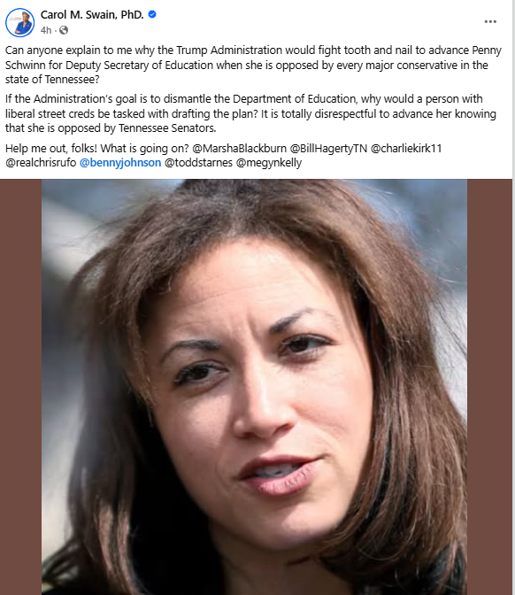 Տᗩᑎᗪᖇᗩ🎗️ (@sandraxfreedom) on Twitter photo From Carol Swain <a href="/carolmswain/">Carol M. Swain, PhD</a>
Very important that President Trump <a href="/realDonaldTrump/">Donald J. Trump</a> gets this information and rescind her nomination.
Penny Schwinn is up for Deputy Sec of Education. She is a liberal. She was the commissioner for education in Tennessee. It it very telling that From Carol Swain <a href="/carolmswain/">Carol M. Swain, PhD</a>
Very important that President Trump <a href="/realDonaldTrump/">Donald J. Trump</a> gets this information and rescind her nomination.
Penny Schwinn is up for Deputy Sec of Education. She is a liberal. She was the commissioner for education in Tennessee. It it very telling that