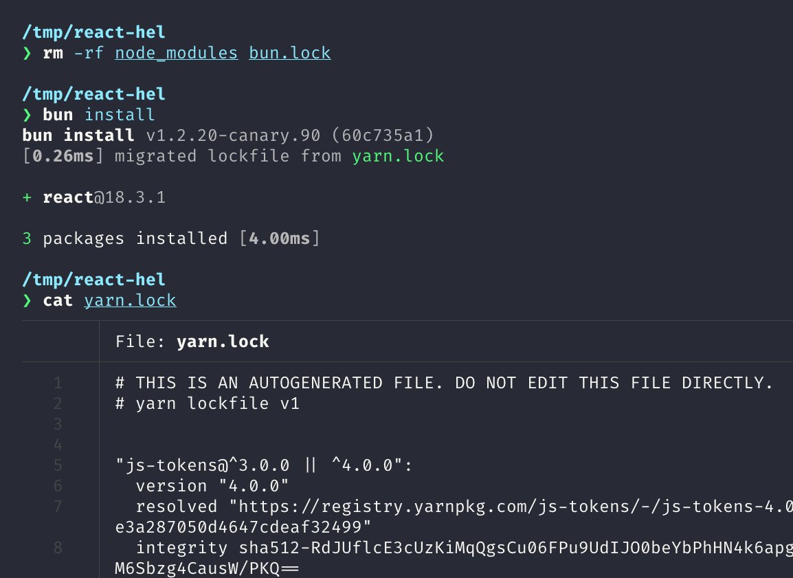 bunjavascript's tweet photo. In the next version of Bun

bun install now automatically migrates from yarn.lock -> bun.lock, preserving resolved dependency versions https://t.co/6fq80Xz3Dy