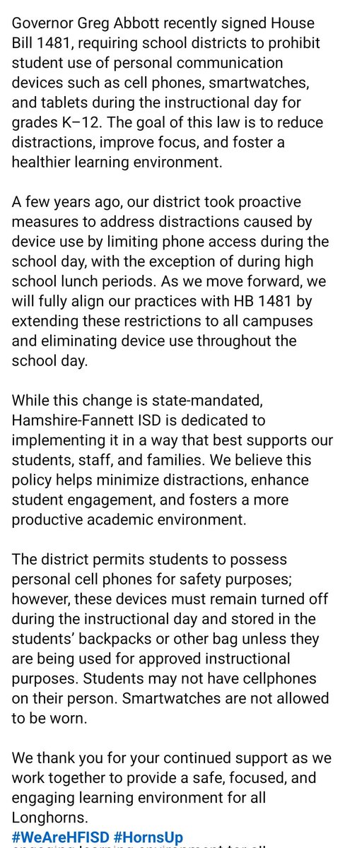 Dear Hamshire-Fannett ISD Families,

As schools across Texas prepare for the 2025–2026 school year, we want to inform you of a new state law that will impact all public schools.

*Additional information pictured below.
#WeAreHFISD #HornsUp