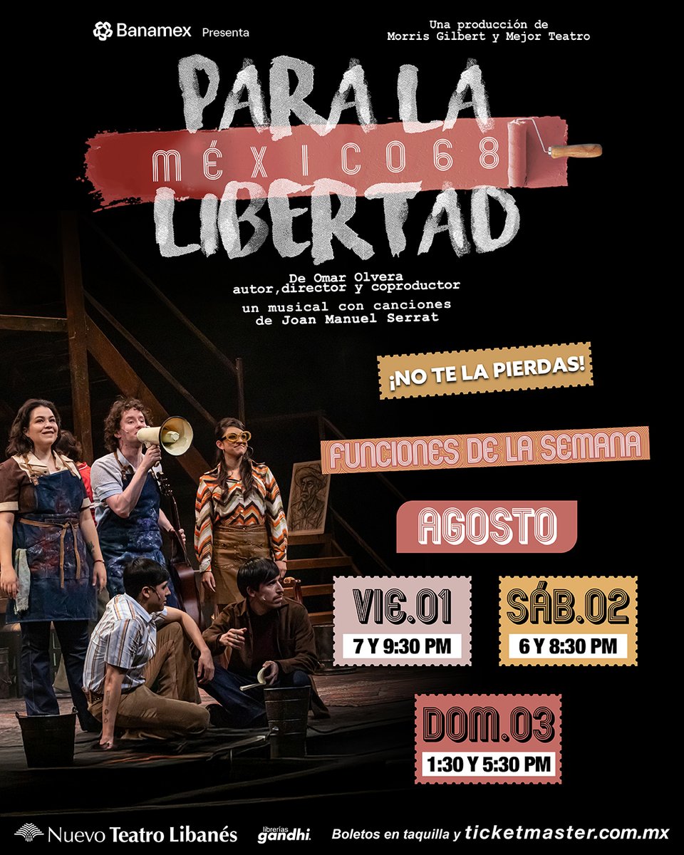 Mejor Teatro (@mejorteatro) on Twitter photo Las letras de Serrat se convierten en la banda sonora de un momento que lo cambió todo. ¡Prepárate para cantar con cada nota en <a href="/PLaLibertadMX/">Para La Libertad. México 68</a> 🎵!
📆 1 de ago. | ⏰ 7 y 9:30 p.m.
📆 2 de ago. | ⏰ 6 y 8:30 p.m.
📆 3 de ago. | ⏰ 1:30 y 5:30 p.m.
🎟️ bit.ly/ParaLaLibertad… Las letras de Serrat se convierten en la banda sonora de un momento que lo cambió todo. ¡Prepárate para cantar con cada nota en <a href="/PLaLibertadMX/">Para La Libertad. México 68</a> 🎵!
📆 1 de ago. | ⏰ 7 y 9:30 p.m.
📆 2 de ago. | ⏰ 6 y 8:30 p.m.
📆 3 de ago. | ⏰ 1:30 y 5:30 p.m.
🎟️ bit.ly/ParaLaLibertad…