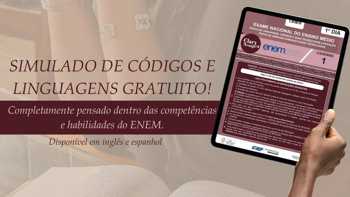 profclaryaraujo's tweet image. Pessoal, estou liberando meu simulado de códigos e linguagens com questões autorais e das ed. anteriores de graça pra vocês!!

Façam bom proveito e voltem aqui pra me contar o que acharam. ♥️😊

sun.eduzz.com/R9JJPPO69X