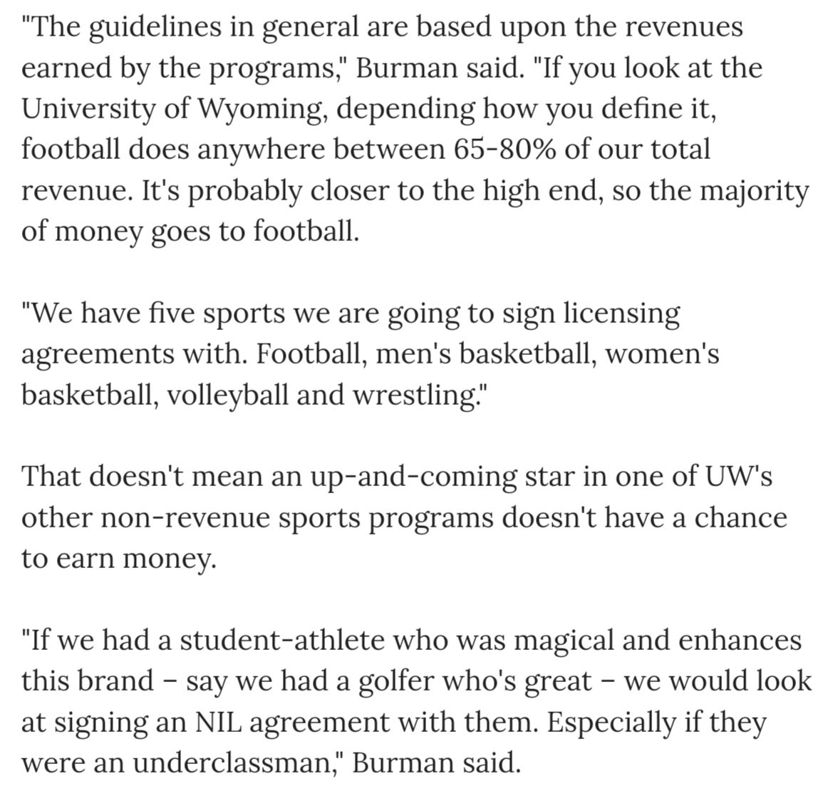 If you were wondering how the University of Wyoming plans to share revenue with its athletes, now you know (via <a href="/alex_m_taylor22/">Alex Taylor</a> of <a href="/WyoSports/">WyoSports</a>)

- $2.8 million total
- $1.5 million in direct NIL agreements
- $1 million in Alston awards
- $300,000 in 8 new Women's scholarships