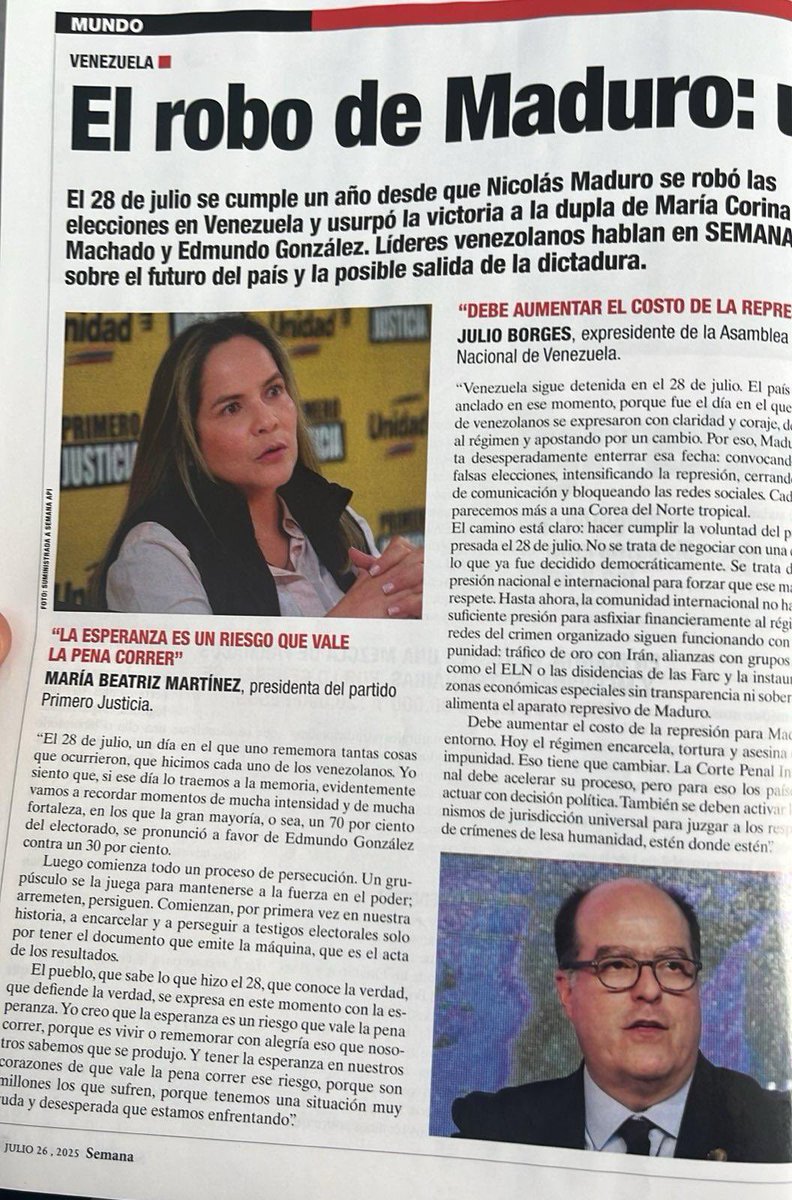 Venezuela sigue detenida en el 28 de julio. El país continúa anclado en ese momento, porque fue el día en el que millones de venezolanos se expresaron con claridad y coraje. 

¡Maduro no podrá sepultar esa gesta histórica! 

➡️ Entrevista en <a href="/RevistaSemana/">Revista Semana</a> 

⛓️‍💥