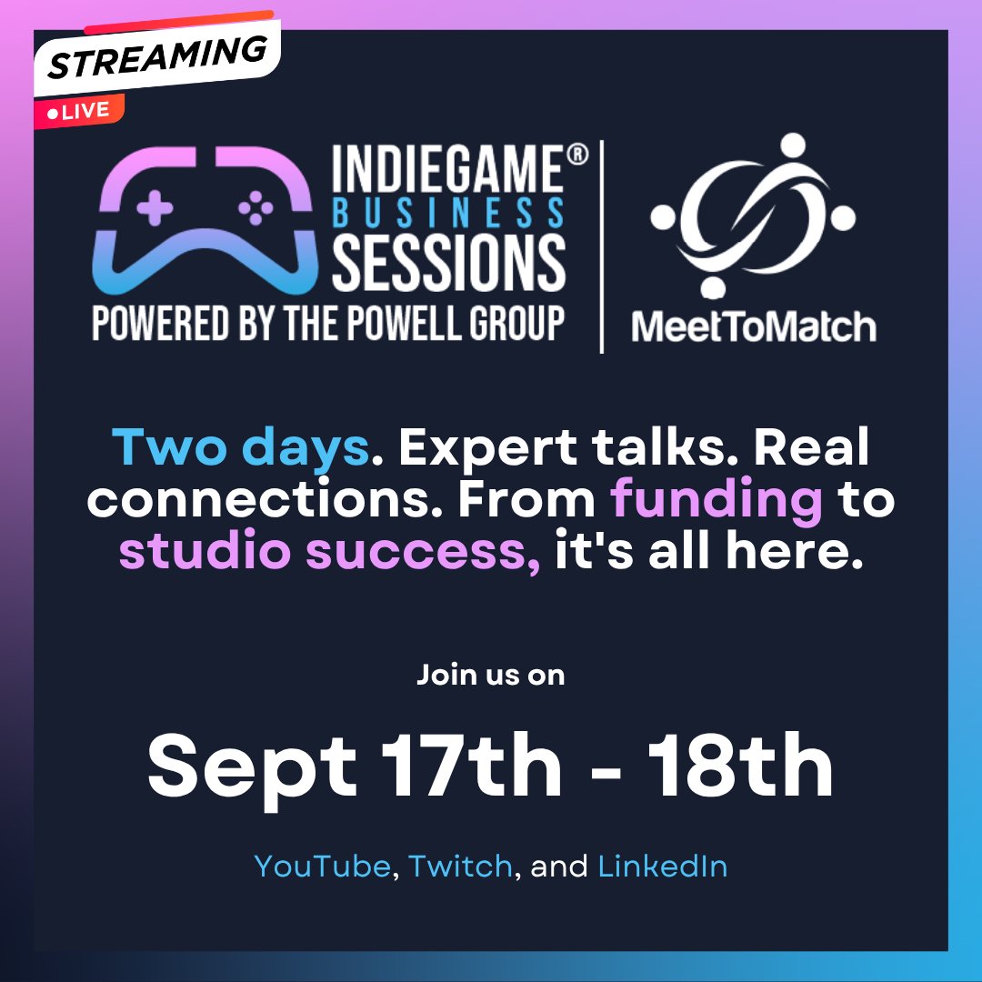 DigiBC (@digibc) on Twitter photo 📢 Mark your calendars for the next IGB Sessions on Sept 17-18. Industry experts will cover a range of essential topics on how to fund, publish, and run a successful indie studio. Plus, unlock unlimited meetings and opportunities with <a href="/MeetToMatch/">MeetToMatch</a>.
➡️bit.ly/4fdEzqh 📢 Mark your calendars for the next IGB Sessions on Sept 17-18. Industry experts will cover a range of essential topics on how to fund, publish, and run a successful indie studio. Plus, unlock unlimited meetings and opportunities with <a href="/MeetToMatch/">MeetToMatch</a>.
➡️bit.ly/4fdEzqh