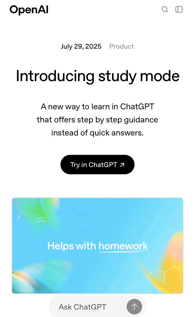 OpenAI released Study Mode in ChatGPT today! It guides students and asks them questions and helps them in their learning. #AI #Innovation
#AIEducation #ChatGPT #StudyMode #EdTech #AIinEdu <a href="/OpenAI/">OpenAI</a>