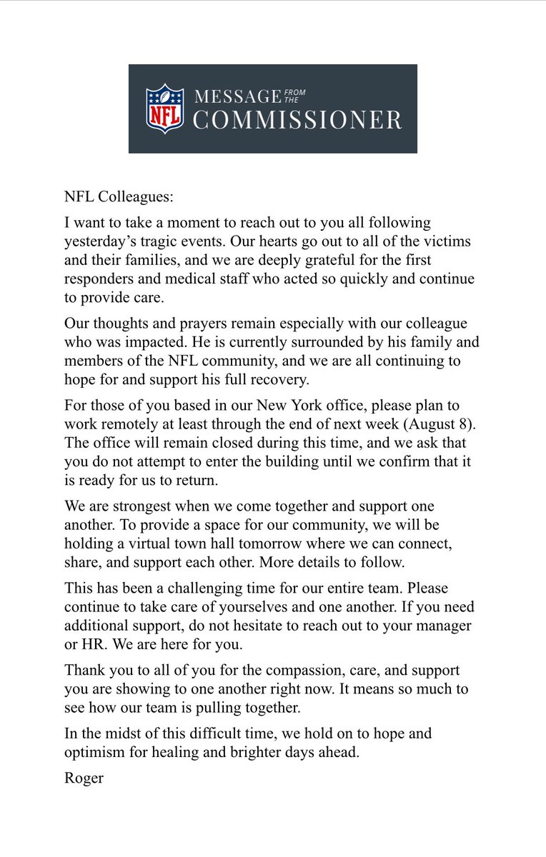 This evening, NFL Commissioner Roger Goodell sent the attached email to all NFL employees: