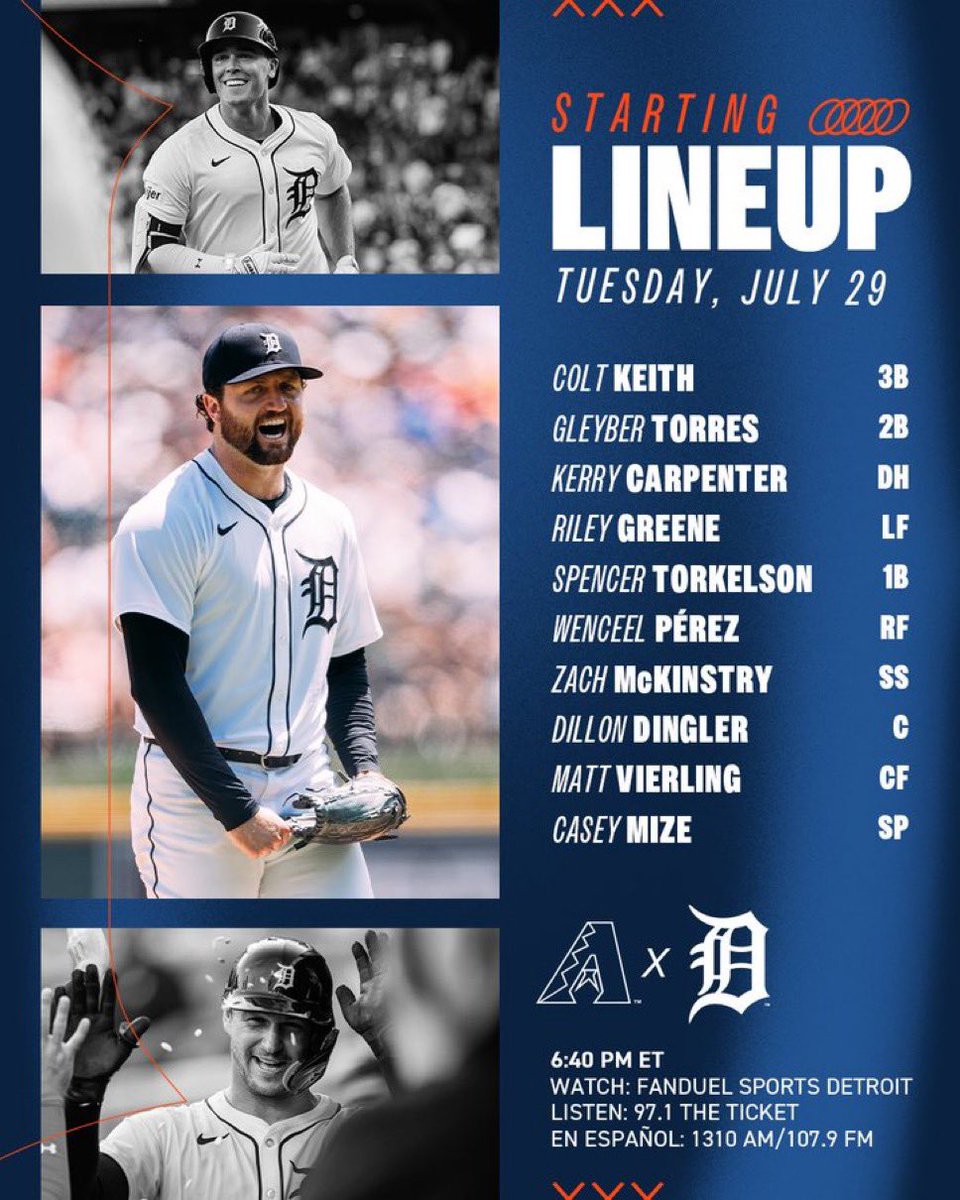 Fernando Arreaza Ortega (@arreazaortega) on Twitter photo Alineaciones del 1er juego que les llevaremos hoy por <a href="/1baseballtv/">One Baseball Network</a>.
Desde las 6:25 pm Hora de 🇻🇪🇩🇴 5:25 🇨🇴🇵🇦 #Dbacks vs #RepDetroit, junto a <a href="/kevcabral/">Kevin Cabral</a>.
#MLB
Tomadas de las cuentas de <a href="/Dbacks/">Arizona Diamondbacks</a> y <a href="/tigers/">Detroit Tigers</a>. Alineaciones del 1er juego que les llevaremos hoy por <a href="/1baseballtv/">One Baseball Network</a>.
Desde las 6:25 pm Hora de 🇻🇪🇩🇴 5:25 🇨🇴🇵🇦 #Dbacks vs #RepDetroit, junto a <a href="/kevcabral/">Kevin Cabral</a>.
#MLB
Tomadas de las cuentas de <a href="/Dbacks/">Arizona Diamondbacks</a> y <a href="/tigers/">Detroit Tigers</a>.