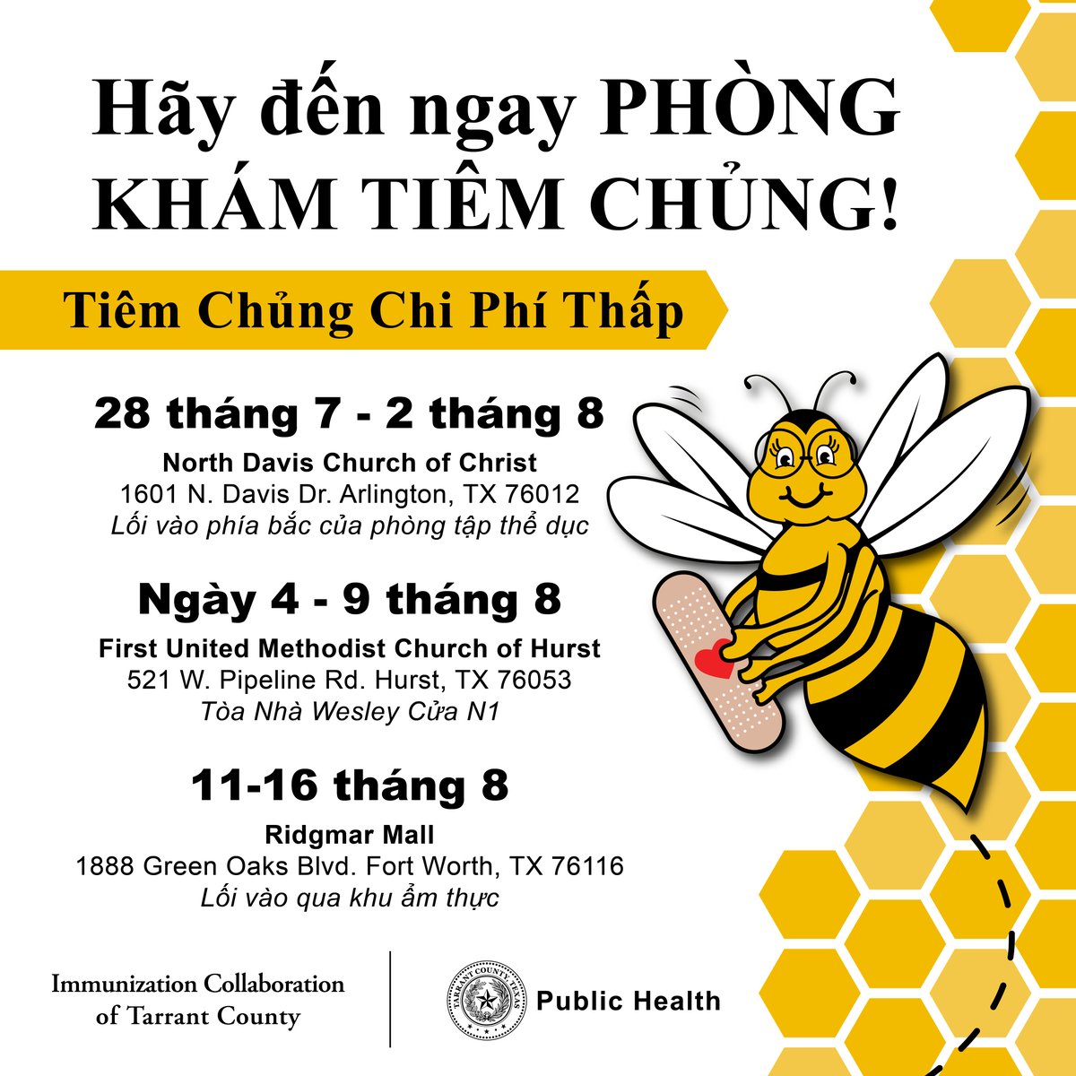 Back-to-school season is here, and the annual immunization clinics are in full swing! 🐝
Vaccines start at $10, and we serve all ages. Bring your records and buzz into a clinic near you through August 16th. No insurance or appointment needed! More info: tarrantcountytx.gov/backtoschool.