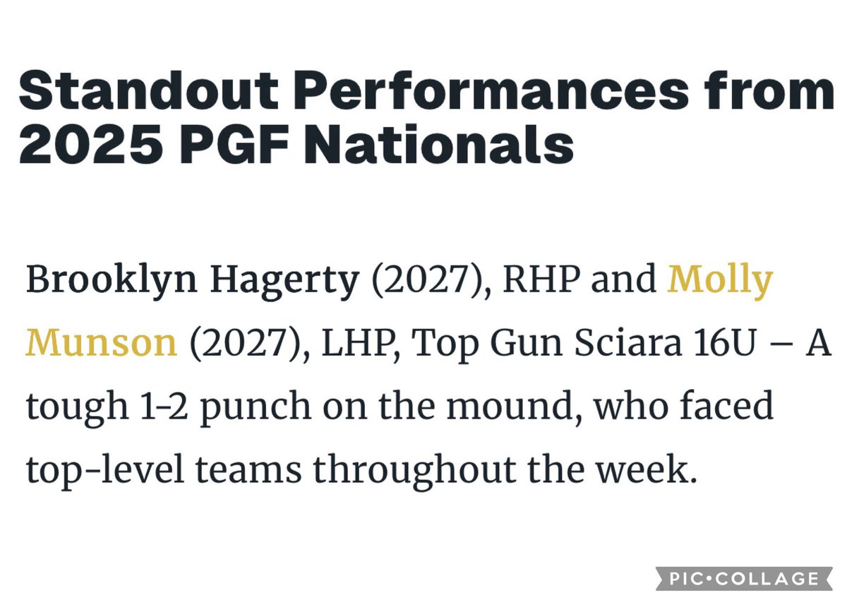 Molly Munson (@mollymunson_18) on Twitter photo Thank you <a href="/SoftbalAmerica/">Softball America</a> for the shoutout from <a href="/PGFnetwork/">PGF</a> nationals!!!! I love getting to work hand in hand with <a href="/BrookHagerty13/">Brooklynn Hagerty 2027</a>! I wouldn’t want anyone else to work with!
<a href="/TGASciara/">Top Gun National 16</a> <a href="/TGA_Turner/">Top Gun National 18U</a> <a href="/DrRandiDavis/">Randi Davis Shanks</a> <a href="/tagupSoftball/">tagup</a> <a href="/ExtraInningSB/">EXTRA INNING SOFTBALL</a> <a href="/LineDsoftball/">Line Drive Media</a> <a href="/SBRRetweets/">Softball Recruiting Reposts</a> Thank you <a href="/SoftbalAmerica/">Softball America</a> for the shoutout from <a href="/PGFnetwork/">PGF</a> nationals!!!! I love getting to work hand in hand with <a href="/BrookHagerty13/">Brooklynn Hagerty 2027</a>! I wouldn’t want anyone else to work with!
<a href="/TGASciara/">Top Gun National 16</a> <a href="/TGA_Turner/">Top Gun National 18U</a> <a href="/DrRandiDavis/">Randi Davis Shanks</a> <a href="/tagupSoftball/">tagup</a> <a href="/ExtraInningSB/">EXTRA INNING SOFTBALL</a> <a href="/LineDsoftball/">Line Drive Media</a> <a href="/SBRRetweets/">Softball Recruiting Reposts</a>