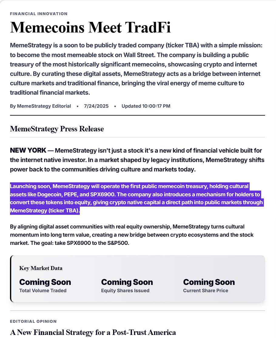 MemeStrategy, a soon to be publicly traded independent company is building a public memecoin treasury to act as a bridge between internet culture markets and traditional finance.

Article: nasdaq.com/press-release/…

Ca:
0x58E937f74EE382b57dBEFB6271dCD4C371609B99